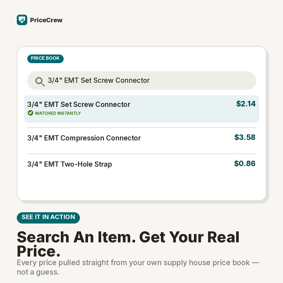 PriceCrew price book search showing an electrical panel lookup and instant pricing